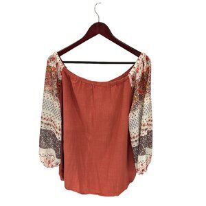 Rust Orange Peasant Blouse With Patterned Sleeves 2XL Chic Soul 70% Viscose 30%